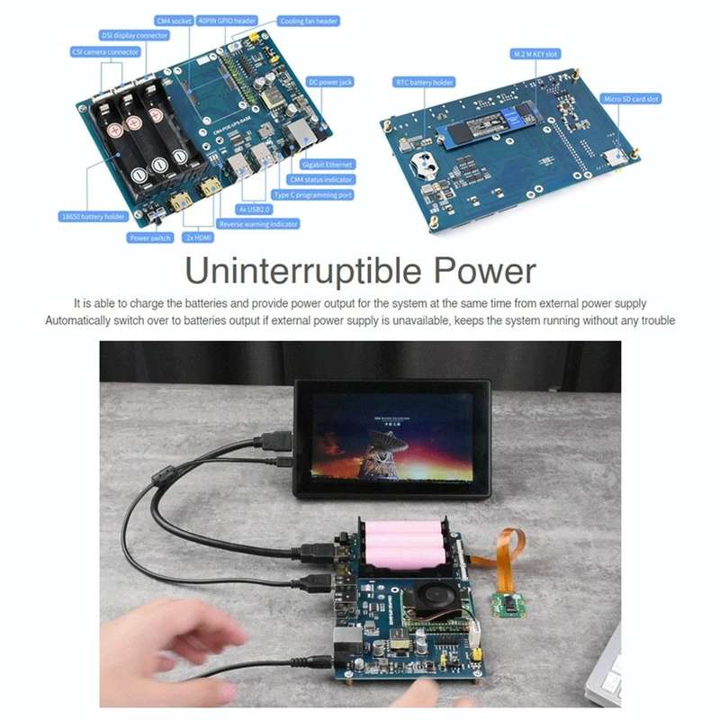 Waveshare PoE UPS Base Board for Raspberry Pi CM4, Gigabit Ethernet, Dual HDMI, Quad USB2.0