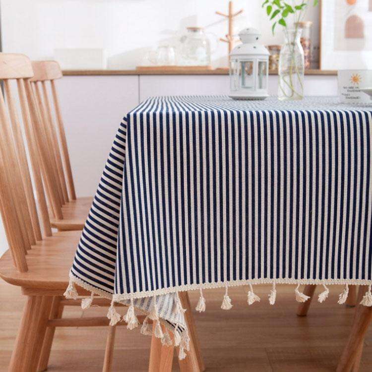 Tassel Lace Daisy Print Cotton Linen Tablecloth, Size:60x60cm(Navy Blue Stripes)
