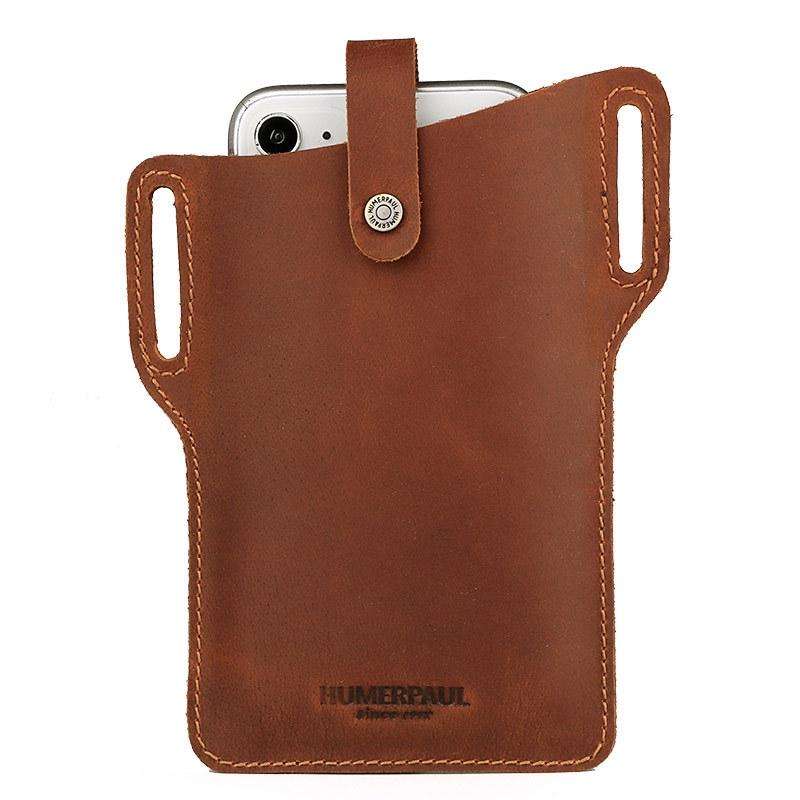HUMERPAUL Men Leather Retro Belt Mobile Phone Bag(Khaki)