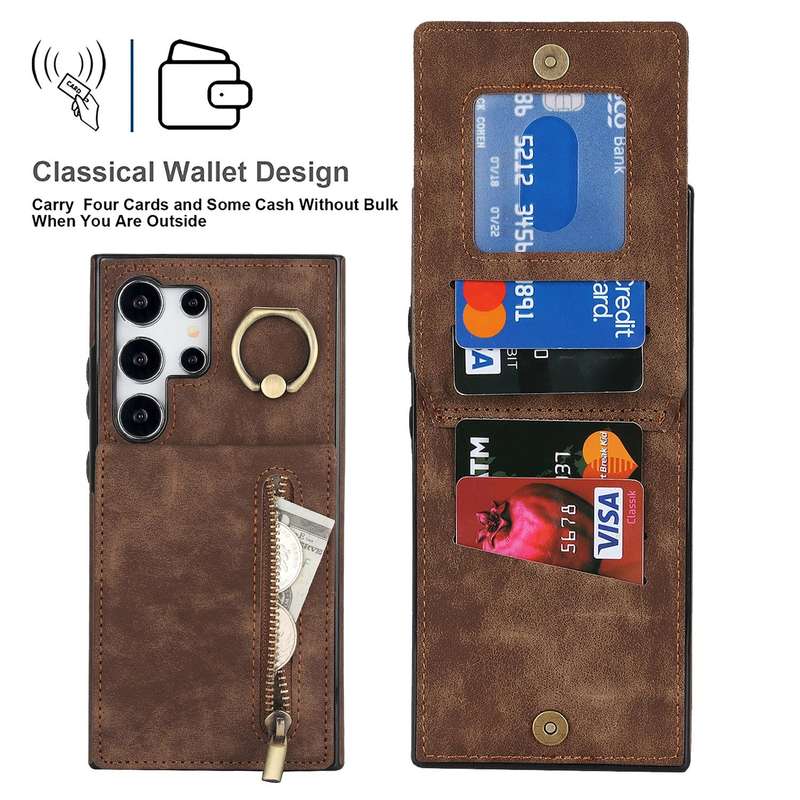 For Samsung Galaxy S24 Ultra 5G Retro Ring and Zipper RFID Card Slot Phone Case(Brown)