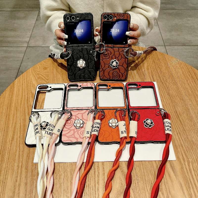 For Samsung Galaxy Z Flip4 5G Impression Camellia Pattern Protective Phone Case with Long Lanyard...