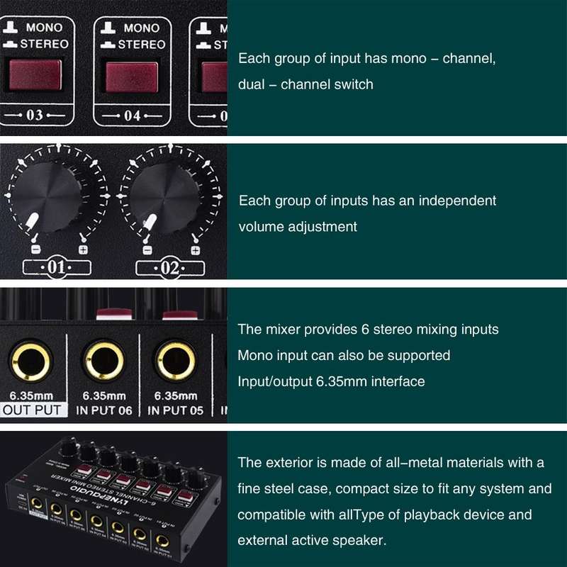 B020 Mini 6-Channel Stereo Audio Mixer Musical Instrument Mixer Electric Wind Electric Guitar Ele...