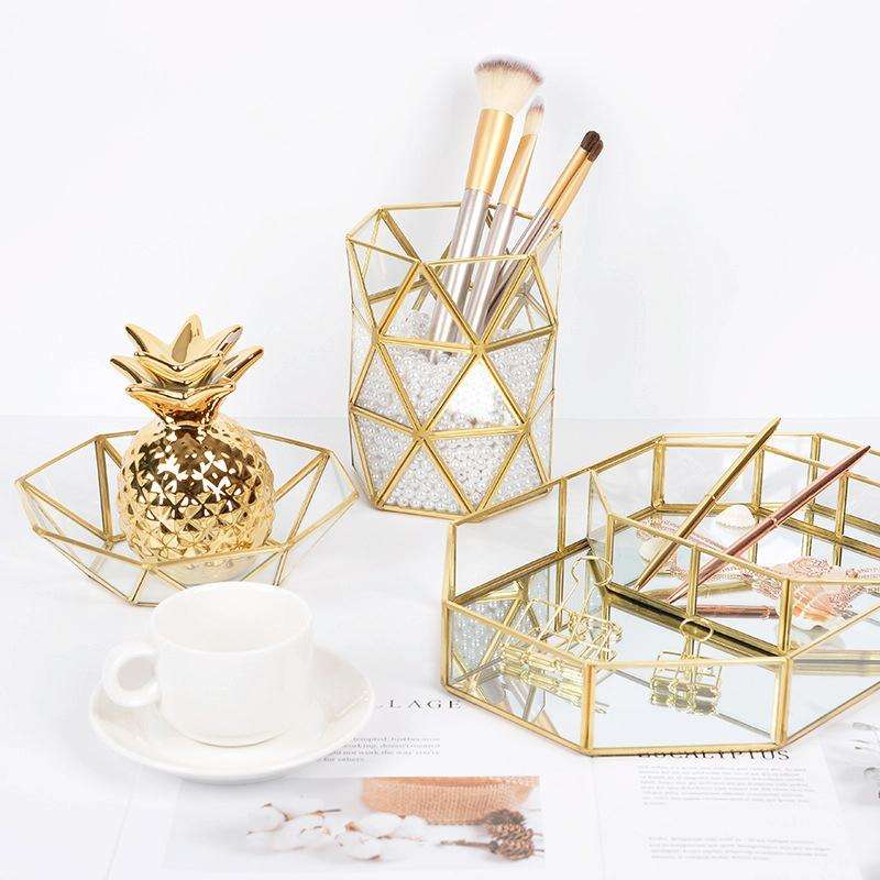 Glass Storage Tray Golden Retro Polygon Mirror Tray Brass Desktop Cosmetics Storage Tray Octagona...
