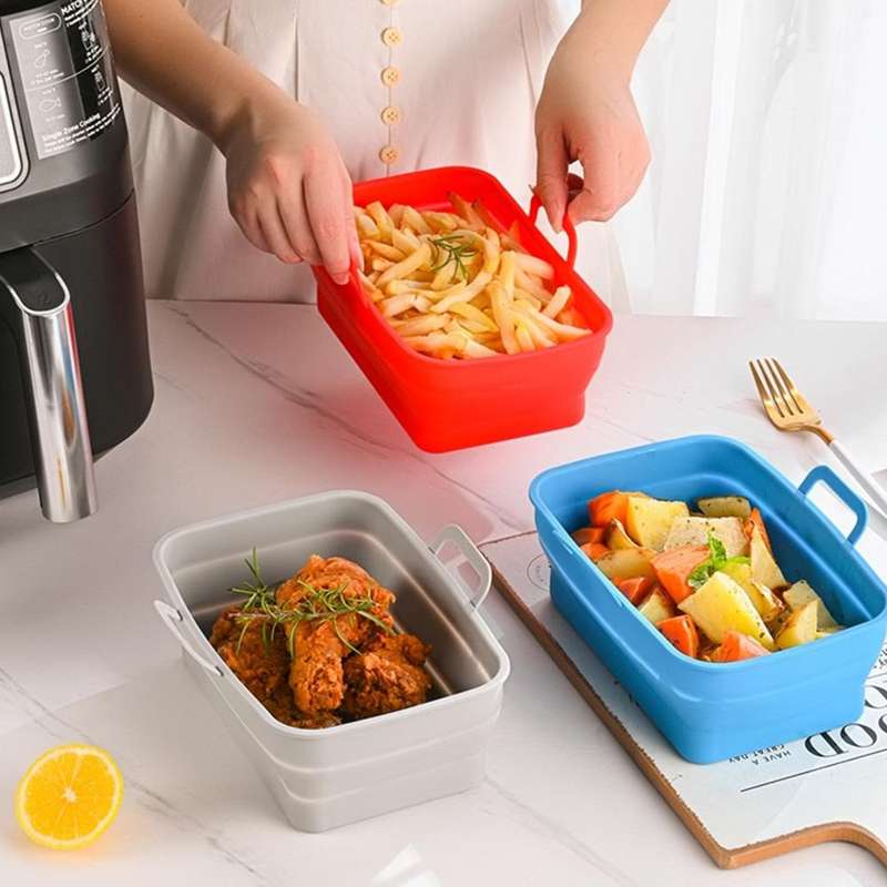 Rectangular Double Pull Basket Foldable Silicone Air Fryer Baking Pan(Grey)