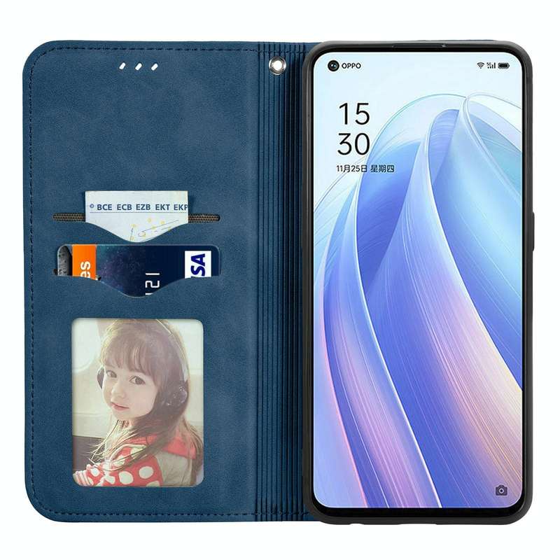 For OPPO Reno7 5G Retro Skin Feel Magnetic Flip Leather Case(Blue)