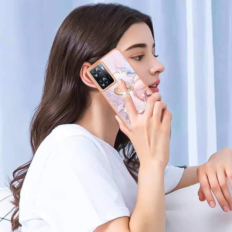 For OPPO A57 4G/A77 5G Taiwan/K10 5G Global Electroplating Marble IMD TPU Phone Case with Ring Ho...