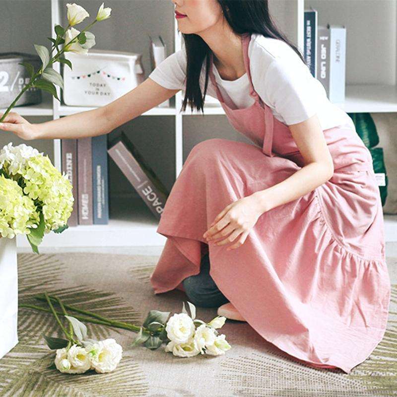 Cotton Linen Fishtail Long Slim Fit Apron Florist Manicure Shop Overalls(Pink)