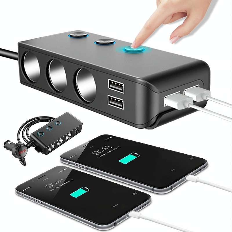 Car Cigarette Lighter Car Charger 3USB Port +1 QC3.0 + 3 Cigarette Lighter Ports + Back Clip Desi...