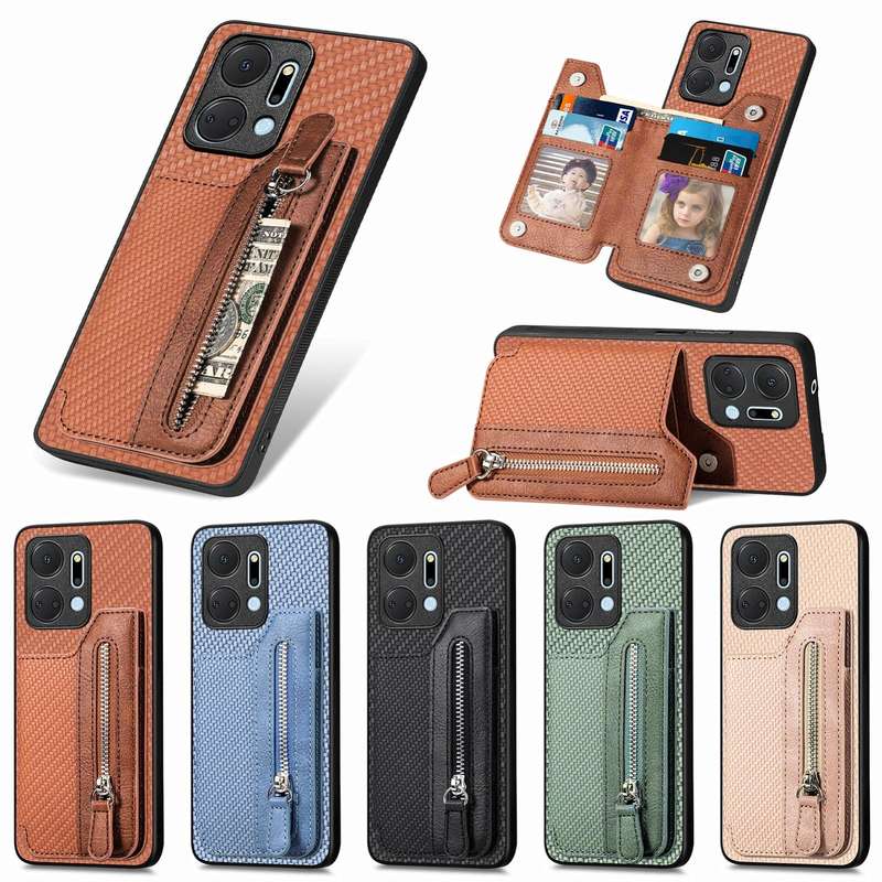 For Honor X7A Carbon Fiber Horizontal Flip Zipper Wallet Phone Case(Khaki)