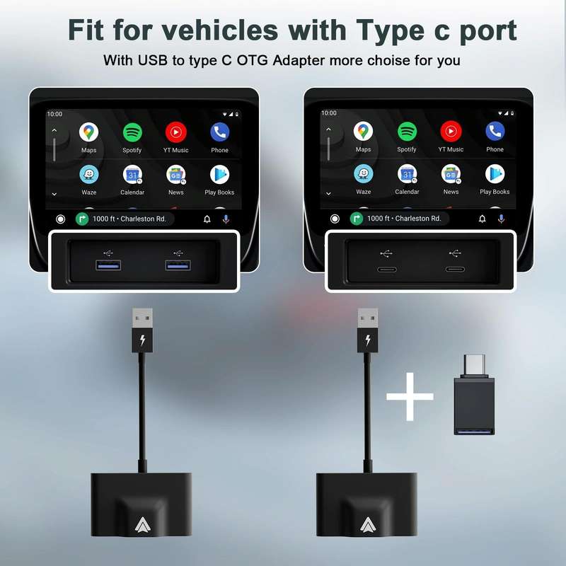 THT-020-3+ USB + USB-C / Type-C Wired to Wireless Carplay Adapter for Android Smartphone(Black)