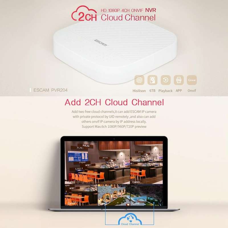ESCAM PVR204 1080P 4CH+2CH ONVIF NVR Digital Video Recorder with 2CH Cloud Channel for IP Camera ...