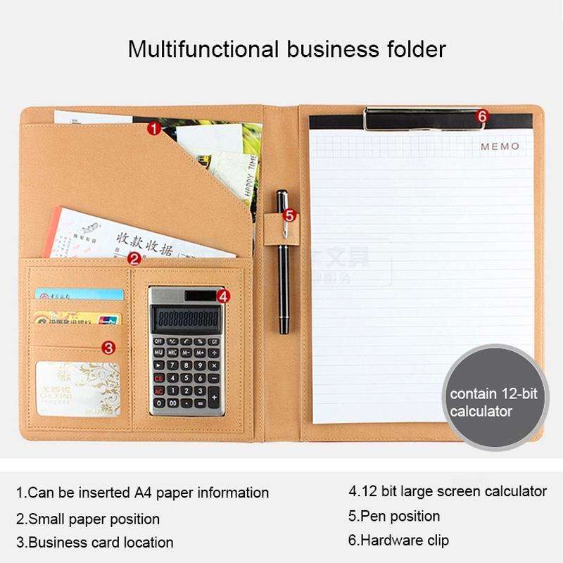 Office Supplies Business Style Leather Document Folder with 30-pages A4 Note Pad & Calculator (Bl...