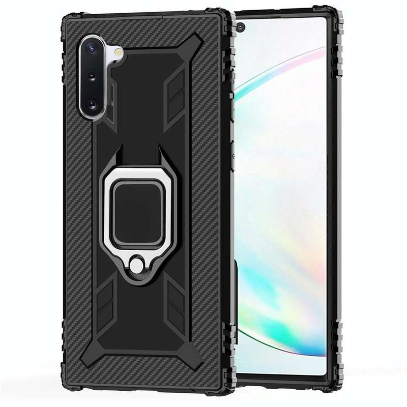 For Galaxy Note 10 Carbon Fiber Protective Case with 360 Degree Rotating Ring Holder(Black)