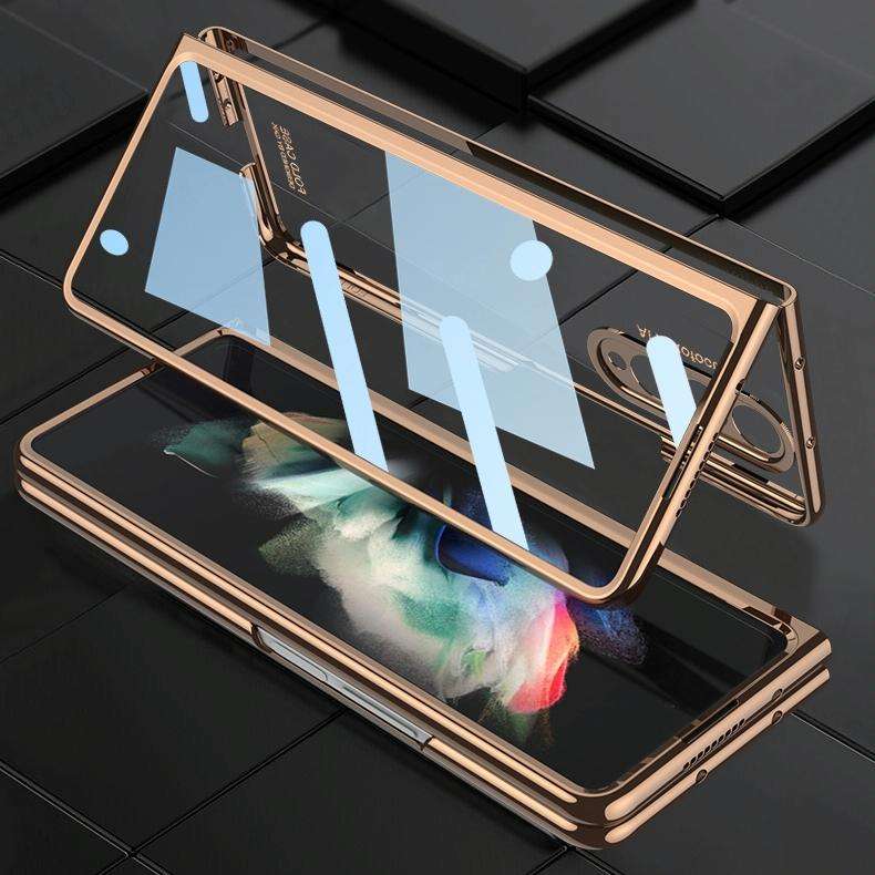 For Samsung Galaxy Z Fold3 5G GKK Integrated Electroplating + Glass Phone Case with Pen Slot(Dark...