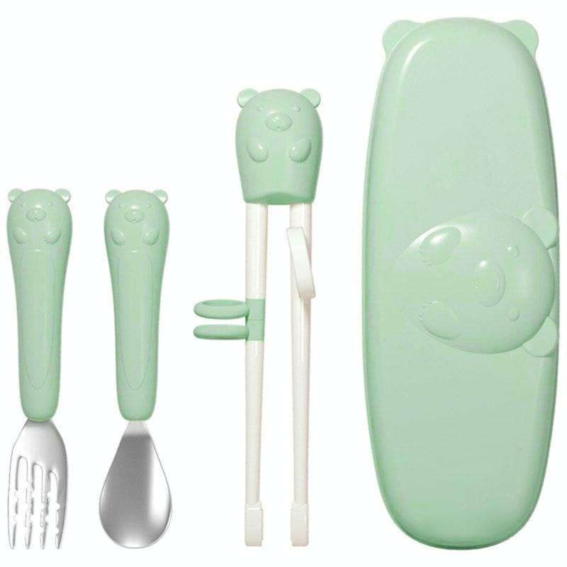Household Baby Eating Training Chopsticks Spoon Fork Exercise Suit Kids Tableware(Green)