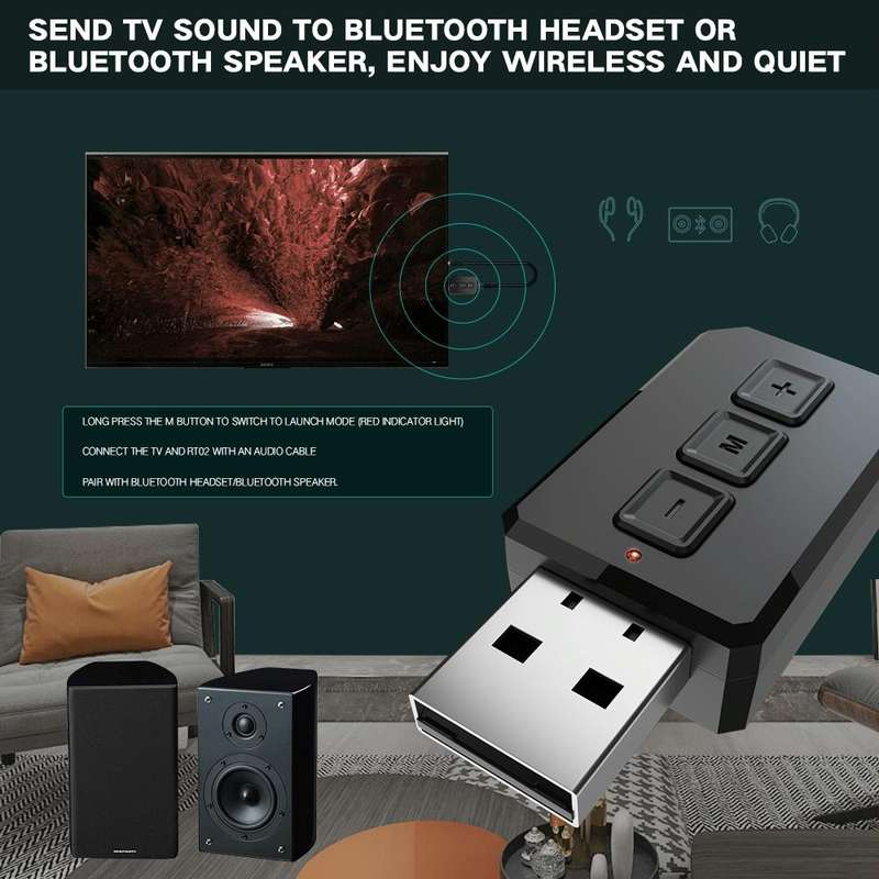 RT02 USB Bluetooth Audio Adapter Receives Transmits 2-in-1 Bluetooth 5.0 Hands-free Talk Car Blue...