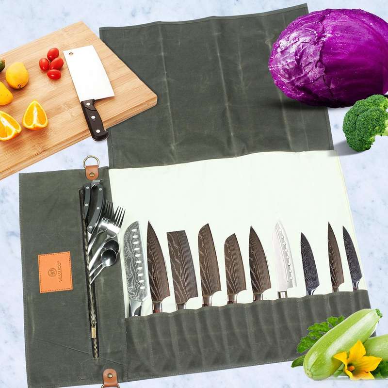 WESSLECO Canvas Roll Chef Knife Storage Bag(Army Green)