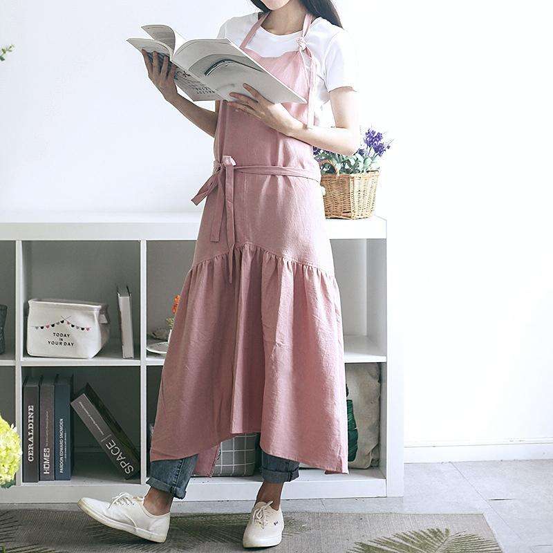 Cotton Linen Fishtail Long Slim Fit Apron Florist Manicure Shop Overalls(Pink)