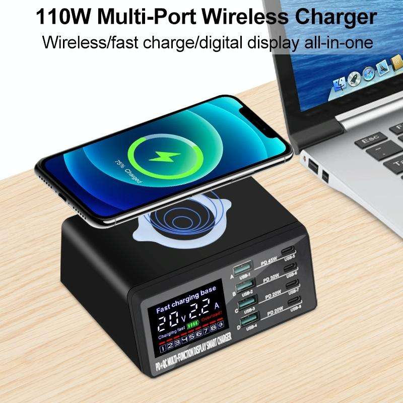 X9D 110W Multi-ports Smart Charger Station + Wireless Charger AC100-240V, EU Plug (Black)