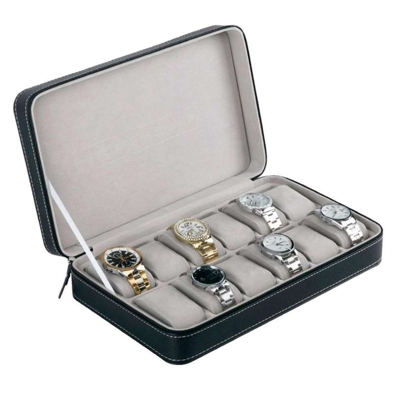 12 Bit Zipper Watch Box Storage Display Box PU Zipper Bag Watch Box(Black)