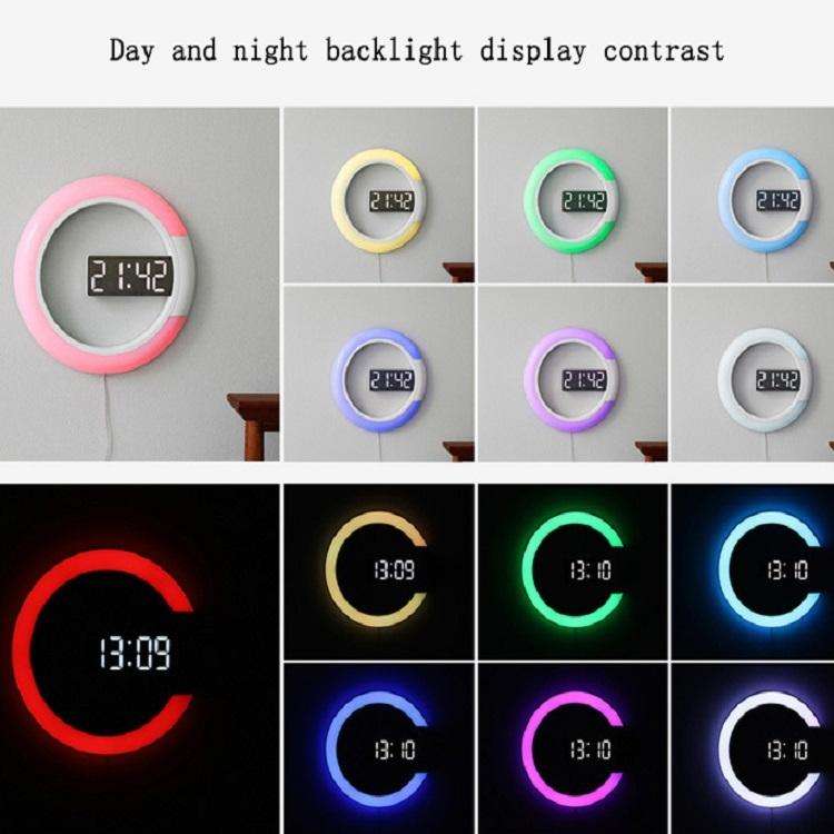 LED Mirror Hollow Wall Clock 7-color Switch Electronic Digital Display Wall Clock(White)