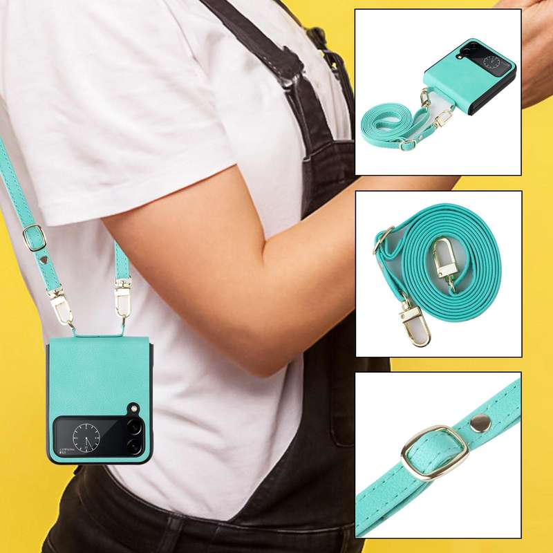 For Samsung Galaxy Z Flip4 Lambskin Texture Leather Phone Case with Lanyard(Mint Green)