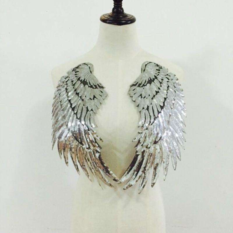 Silver A Pair Sequin Feather Wing Shape Clothing Patch Sticker DIY Clothing Accessories, Size:Sma...