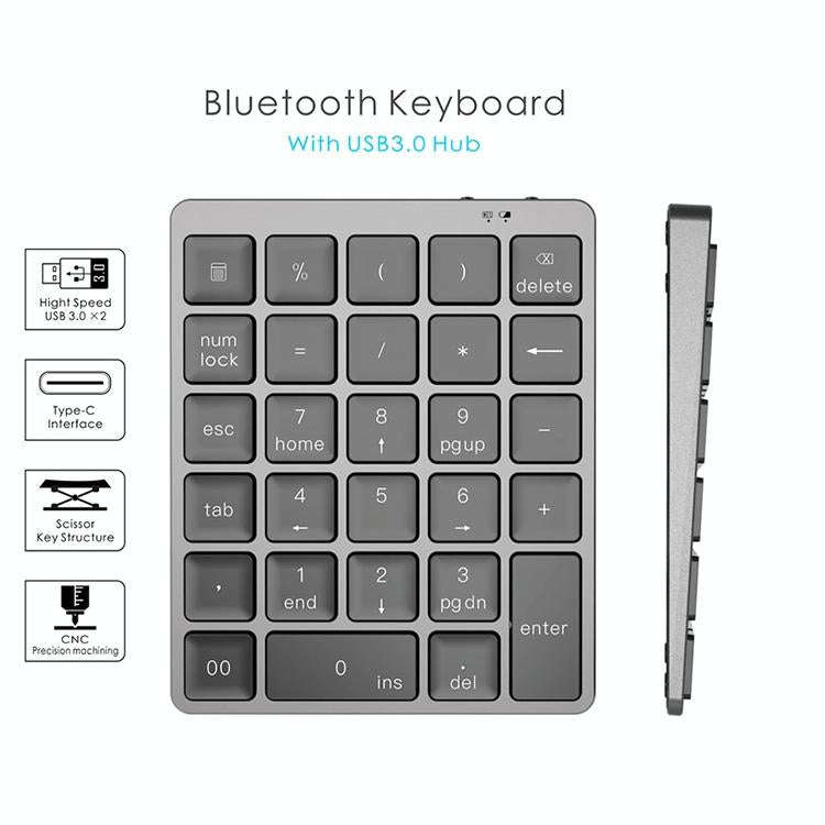 N970 Pro Dual Modes Aluminum Alloy Rechargeable Wireless Bluetooth Numeric Keyboard with USB HUB ...