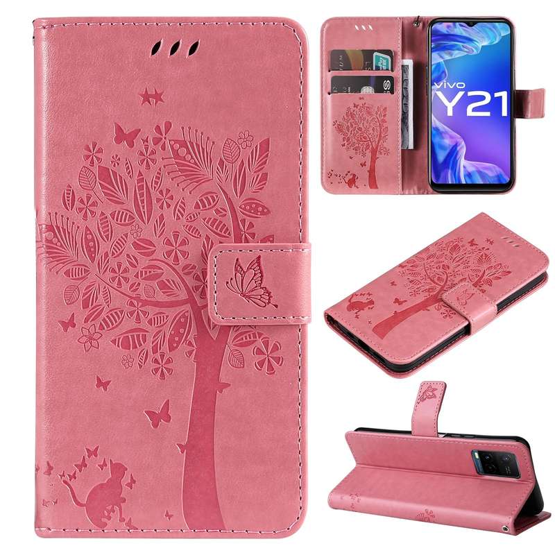 For vivo Y21/Y21s/Y33s Tree & Cat Embossing Pattern Horizontal Flip PU Leather Case with Holder &...