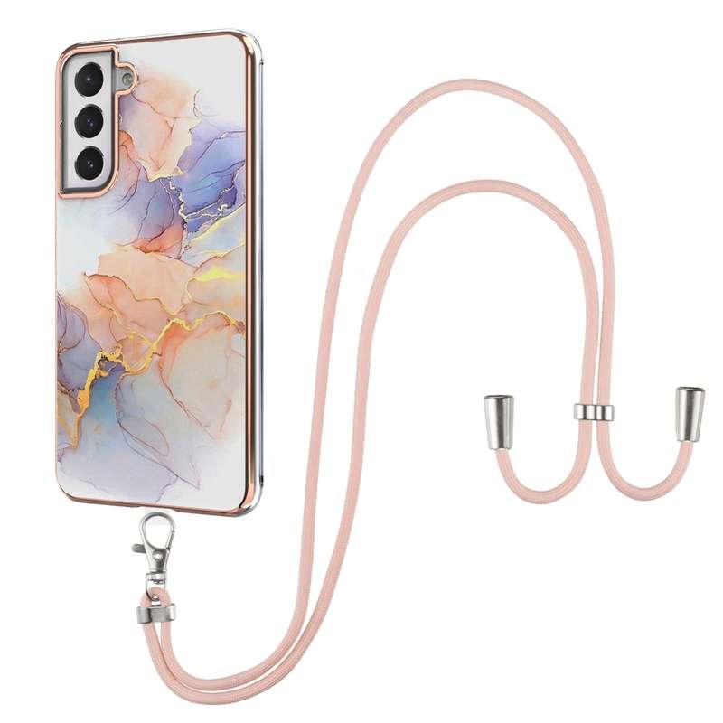 For Samsung Galaxy S21 FE Electroplating Pattern IMD TPU Shockproof Case with Neck Lanyard(Milky ...