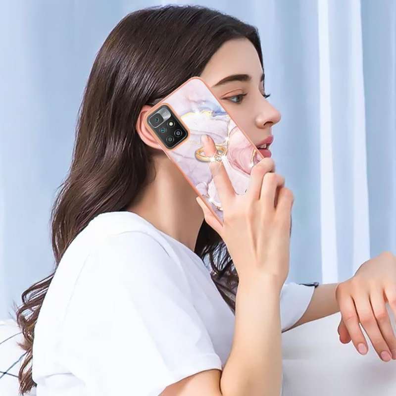 For Xiaomi Redmi 10 Electroplating Marble Pattern TPU Phone Case with Ring(Rose Gold 005)