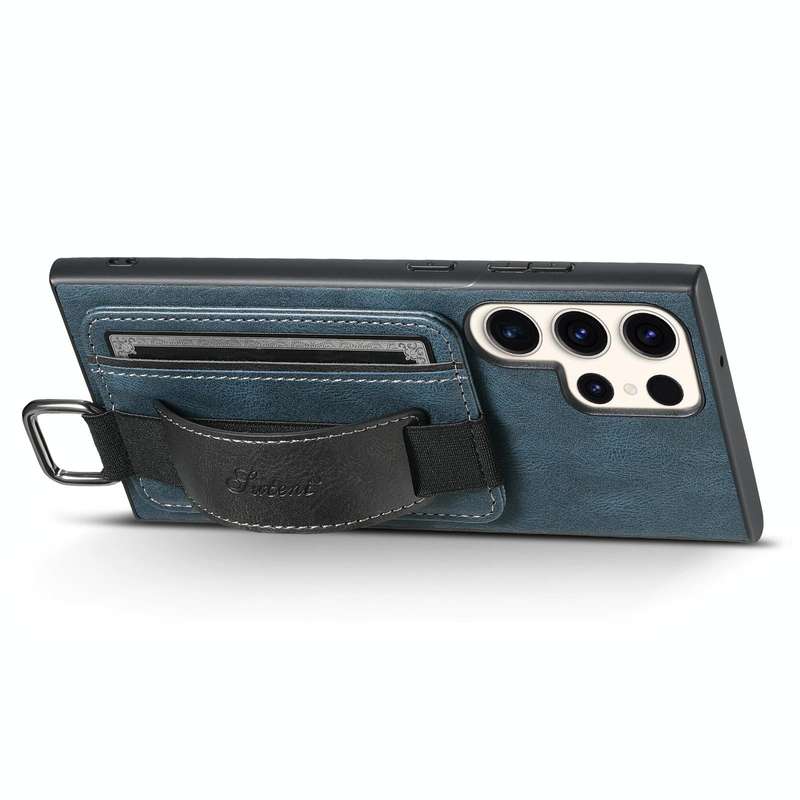 For Samsung Galaxy S23 Ultra 5G Suteni H13 Card Wallet Wrist Strap Holder PU Phone Case(Blue)