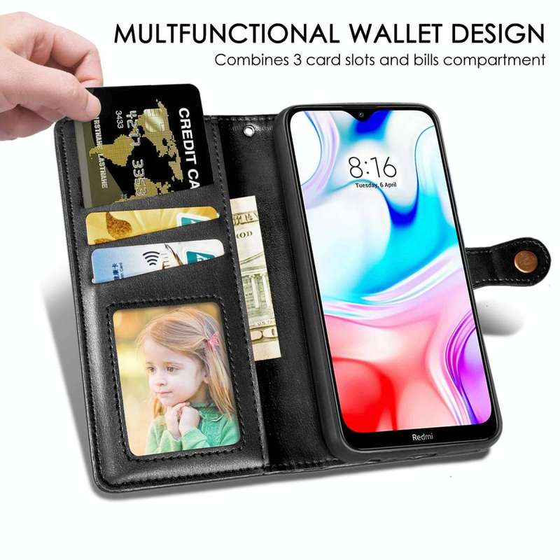 For Xiaomi Redmi 8 Retro Solid Color Leather Buckle Phone Case with Lanyard & Photo Frame & Card ...