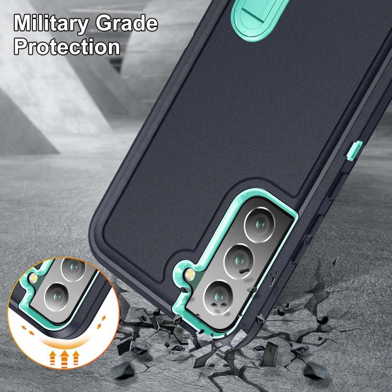 For Samsung Galaxy S22 5G 3 in 1 Rugged Holder Phone Case(Dark Blue+Light Blue)
