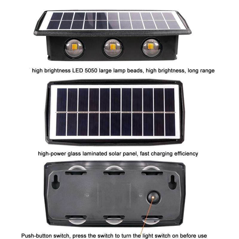 6LED Solar Wall Lamp Outdoor Waterproof Up And Down Double-headed Spotlights(Color Light)