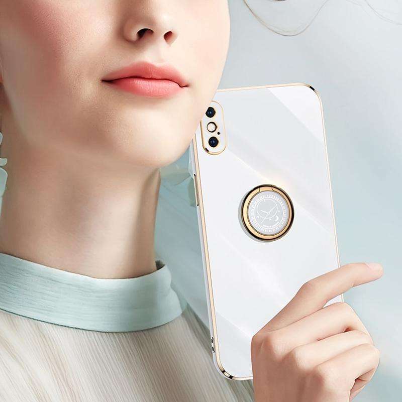 For iPhone XR XINLI Straight 6D Plating Gold Edge TPU Shockproof Case with Ring Holder(Mint Green)