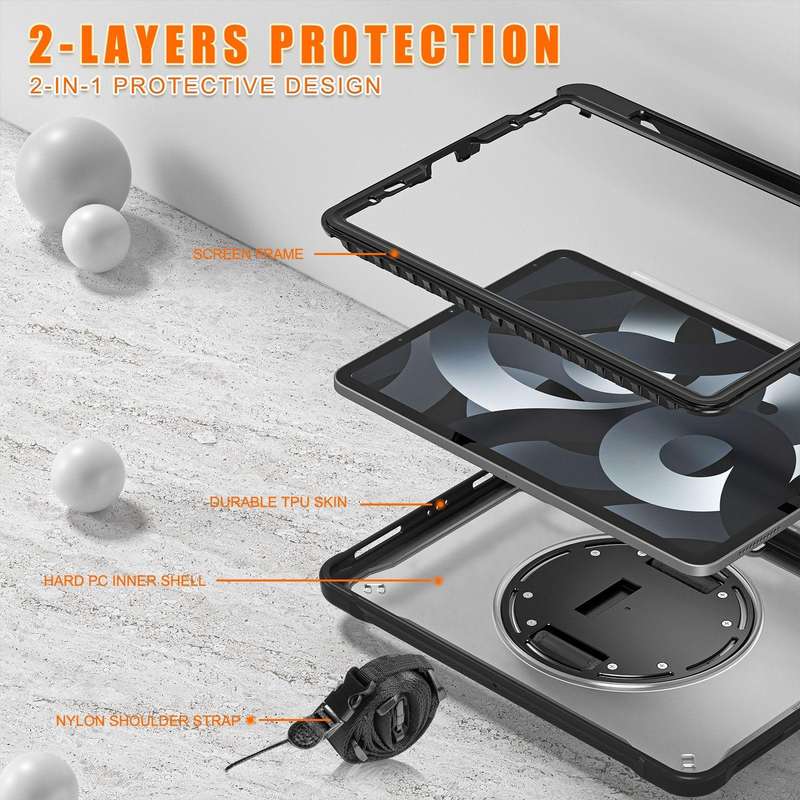 For iPad Air 2022 10.9 / Pro 11 2022 Heavy Duty Hybrid Tablet Case with Handle & Strap(Black)