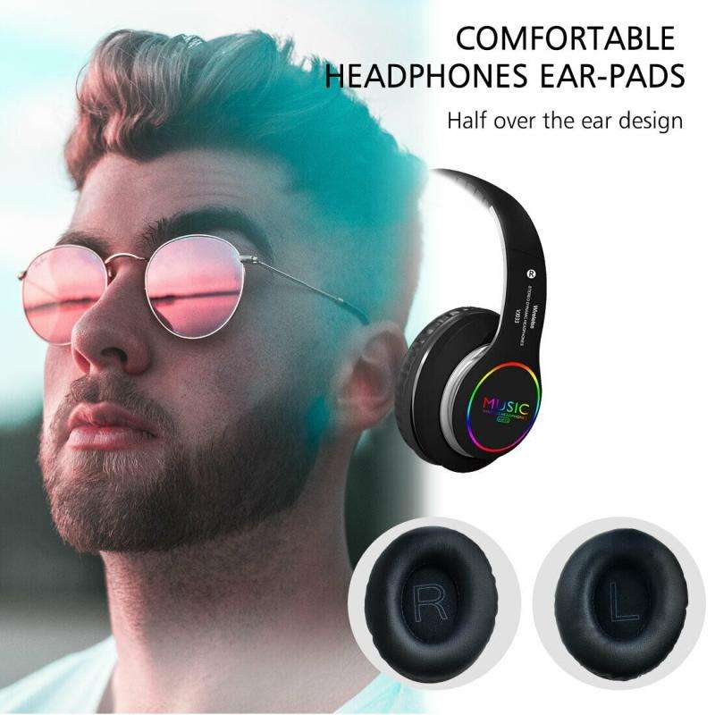 VJ033 Multi-function Upgrade Bluetooth 5.0 Headset Stereo Wireless LED Microphone FM Radio Headse...