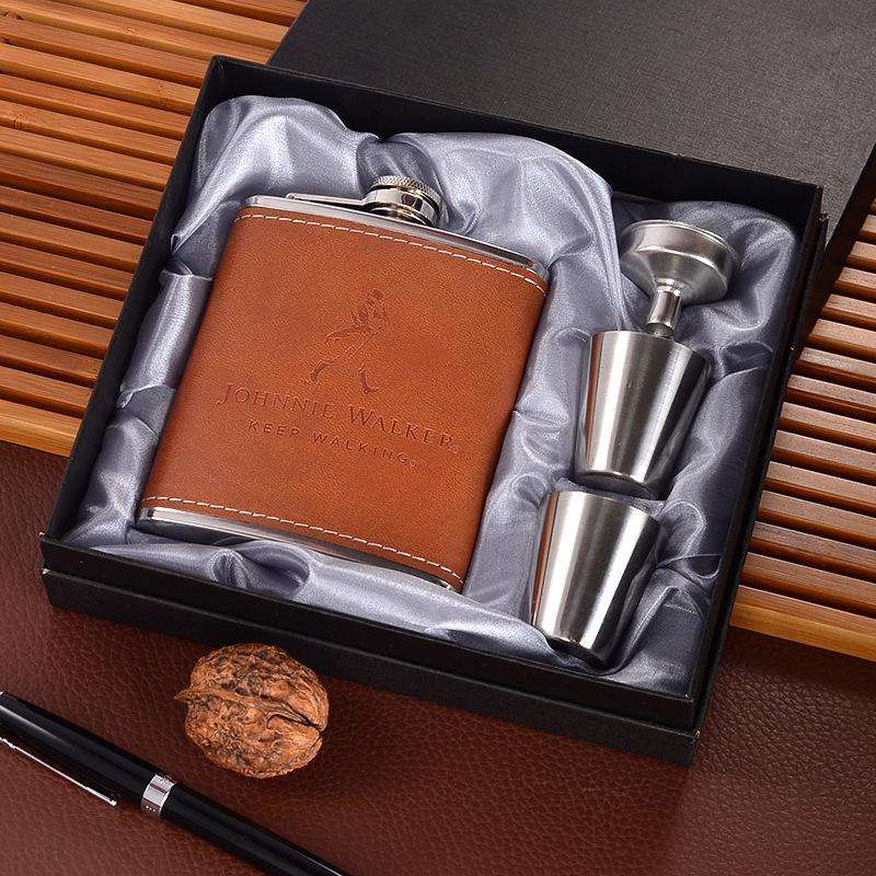 Portable Stainless Steel Hip Flask Set With Wine Glass Funnel, Style: 7OZ Yellow Leather Jack Old...