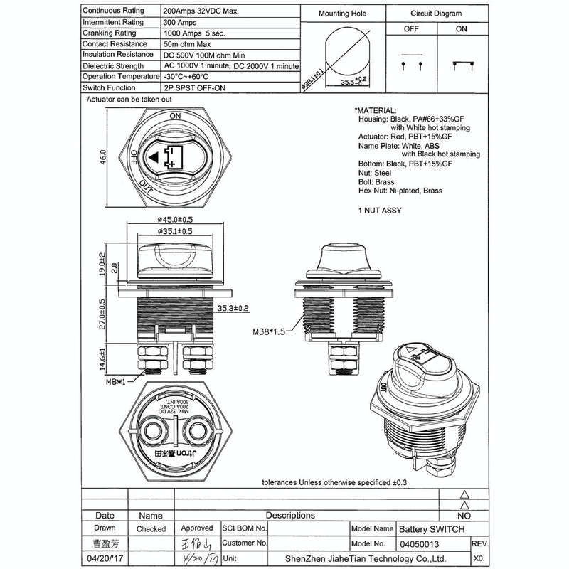 Jtron On/Off Car Battery Switch Car Battery Master Switch MAX DC 32V 200A CONT 300A INT Use for C...