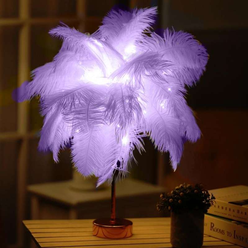 Ostrich Feather Table Lamp Wrought Iron Night Light LED Copper Wire Lamp(Violet)