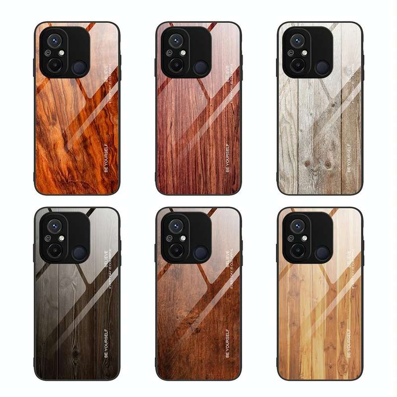 For Xiaomi Redmi 12C Wood Grain Glass Phone Case(Black)