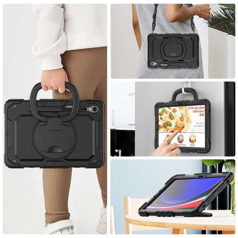 For Samsung Galaxy Tab S9 D Type Silicone Hybrid PC Tablet Case with Handle Holder(Black)