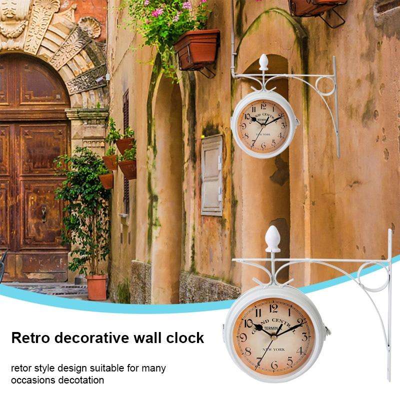 Wrought Iron Clock Vintage Decorative Double-sided Wall Clock(White)