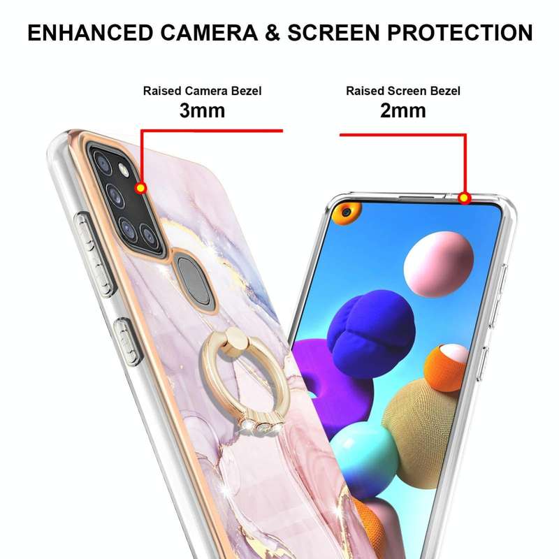 For Samsung Galaxy A21s Electroplating Marble Pattern IMD TPU Shockproof Case with Ring Holder(Ro...