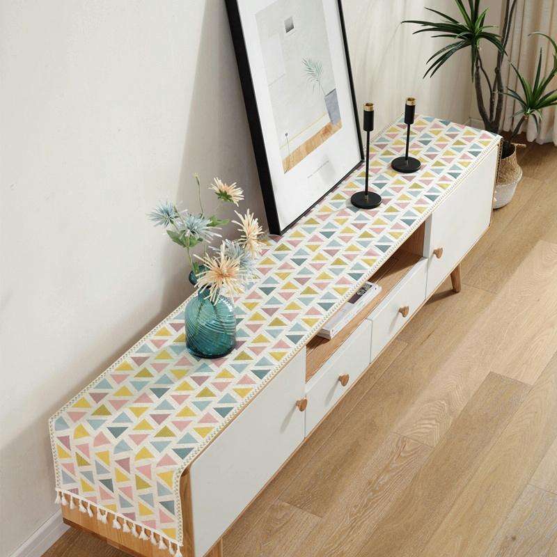Home TV Cabinet Shoe Cabinet Chenille Polyester Tassel Tablecloth, Size: 35x220cm(Pink Triangle)