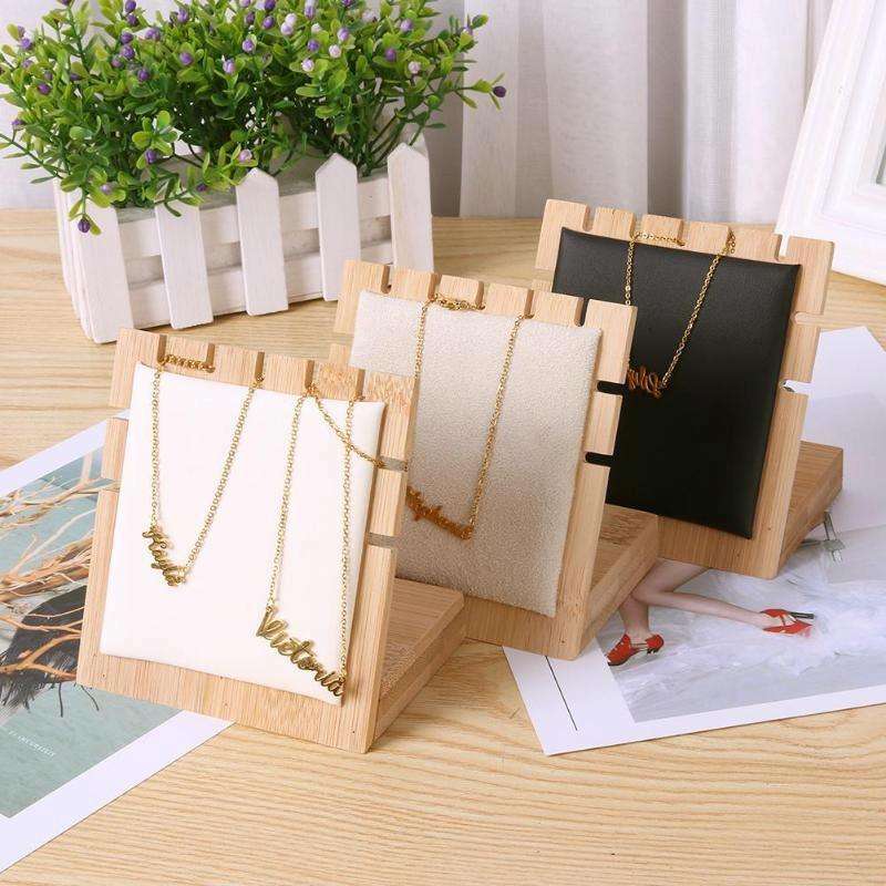 Bamboo Wood L Shape 5 Slot Jewelry Display Stand(Beige Deer Fleece)