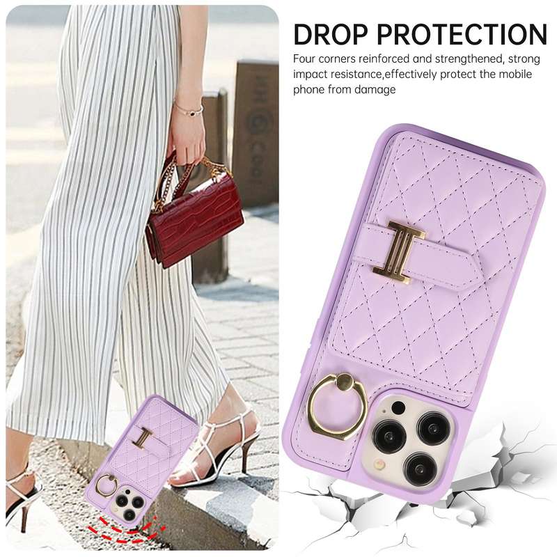 For iPhone 14 Pro Max Horizontal Card Bag Ring Holder Phone Case with Dual Lanyard(Purple)