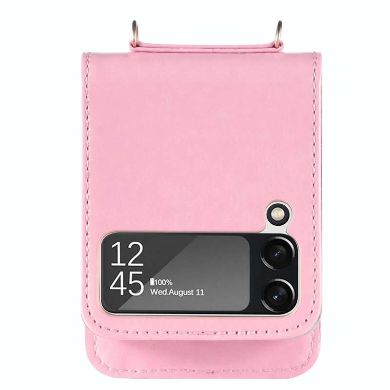 For Samsung Galaxy Z Flip4 5G Diagonal Lanyard Embossed Card Phone Case(Pink)
