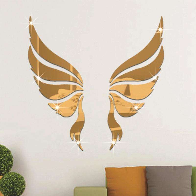 Crystal Three Dimensional Decorative Wall Stickers Angel Wings Bedroom Decorative Mirror(Gold)